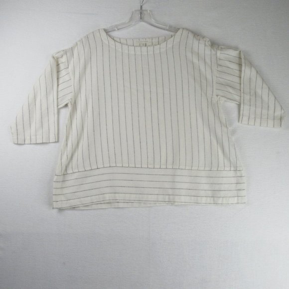 Eileen Fisher Stripe Bateau Neck Top In Ecru Size M R18SVQ - Picture 1 of 9
